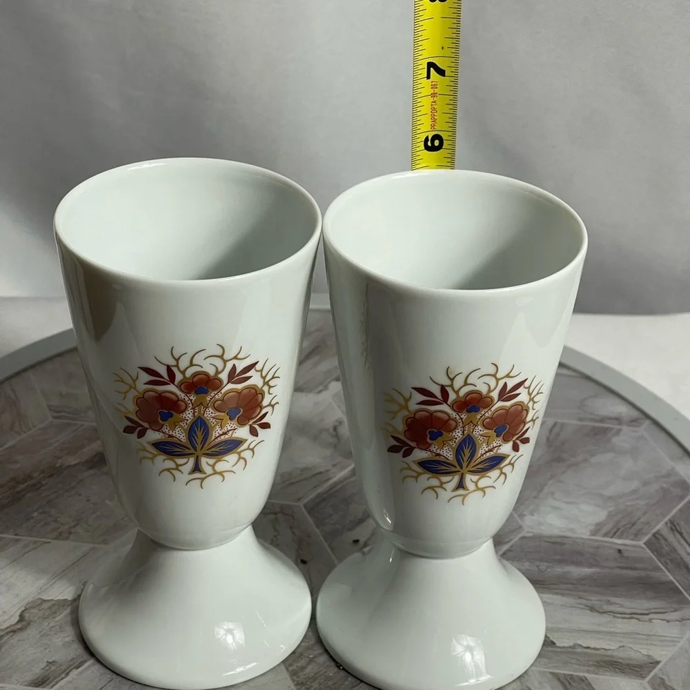 Pair Bonhomme Limoges France Goblets or Bud Vases Porcelain Floral Gold Trim